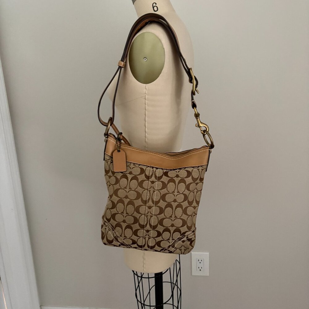 Vintage Coach Signature Duffle Bag 10403 Khaki Signature Logo Brown Leather Trim